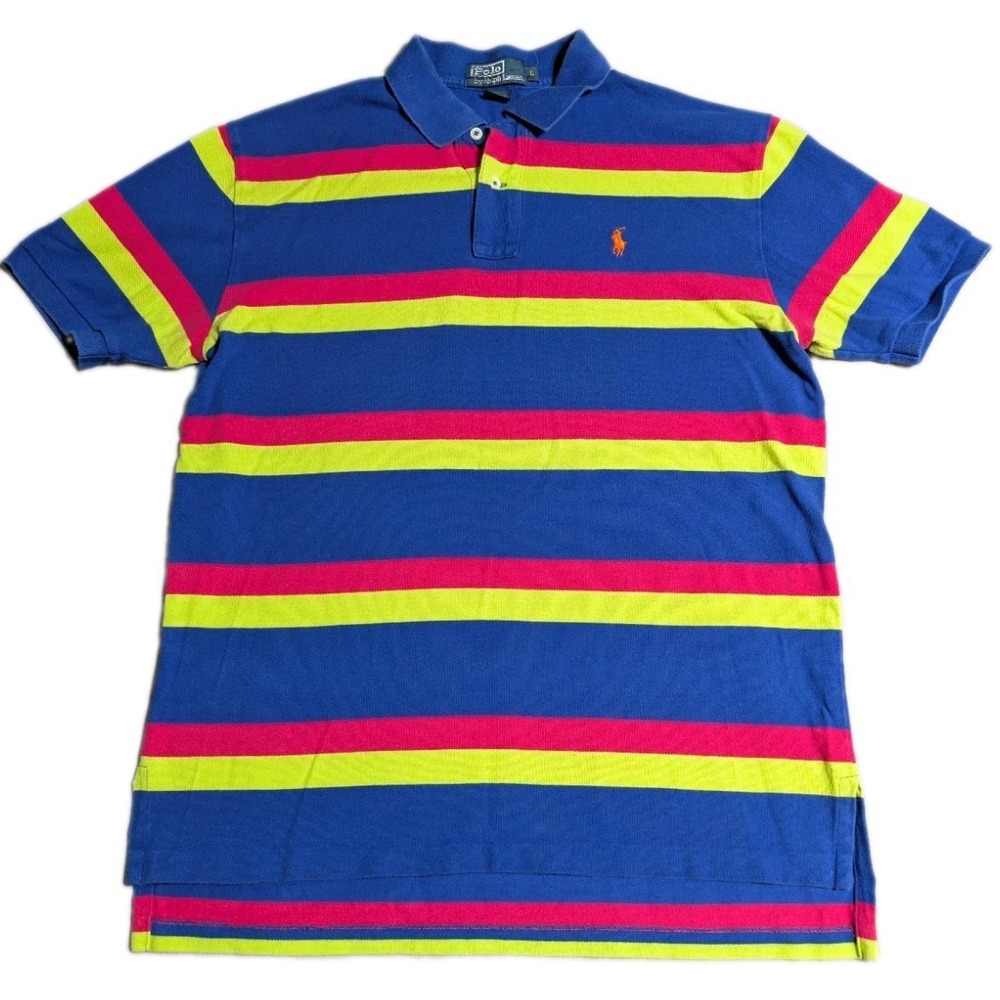 Polo Ralph Lauren Mens L Blue Neon Stripe Polo Shirt Pink Yellow Short Sleeve‎